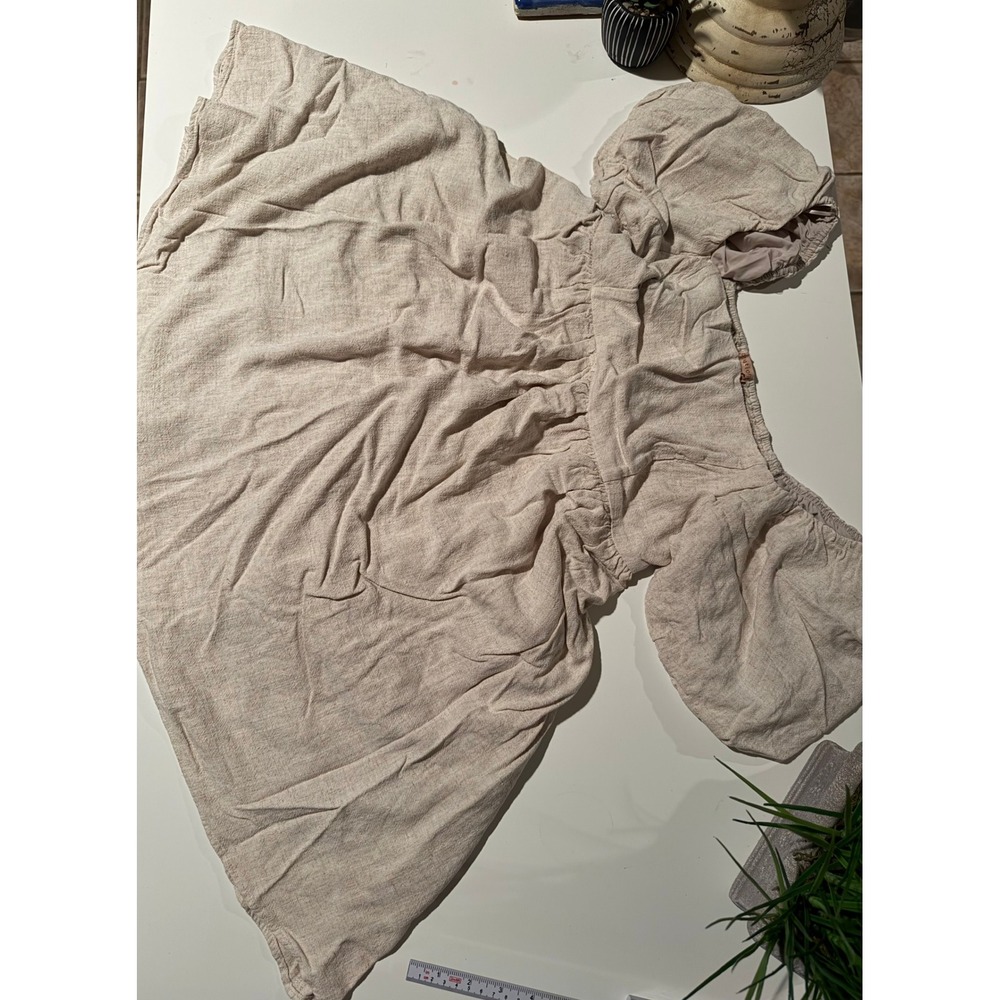 Evolutionary Beige Puff Sleeve Linen Blend Smocked‎ Back Off Shoulder Mini Dress